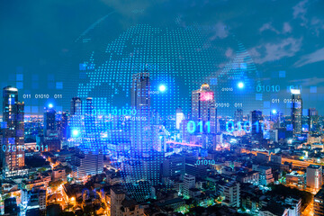 Obraz na płótnie Canvas Hologram of Earth planet map on night panoramic cityscape of Bangkok, Asia. The concept of international companies. Multi Exposure.