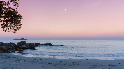 Heavenly peaceful beach in pastel color morning light good for mentally health. The sand beach and...
