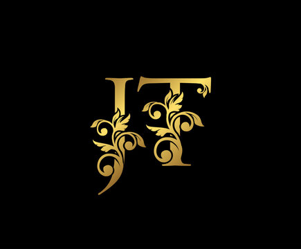 Golden JT, J and T Luxury Logo Icon, Vintage Gold  Initials Mark Design. Elegant luxury gold color on black background