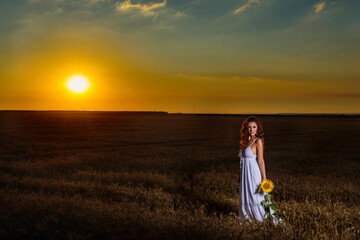 Beautiful woman in white dress in a wheat field with a sunflower flower at sunset.