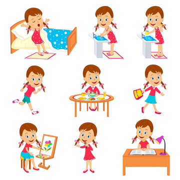 cartoon little girl daily routine, illustration,vector