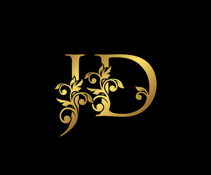 Golden JD, J and D Luxury Logo Icon, Vintage Gold  Initials Mark Design. Elegant luxury gold color on black background
