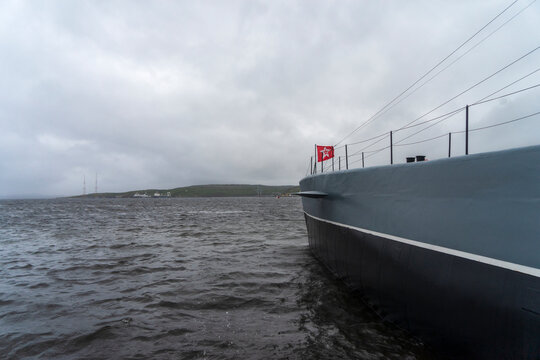 K-21 submarine with red banner flag