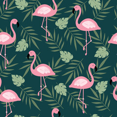 Fototapeta premium Seamless pattern of flamingo with leaves Hand drawn cartoon cute animal background