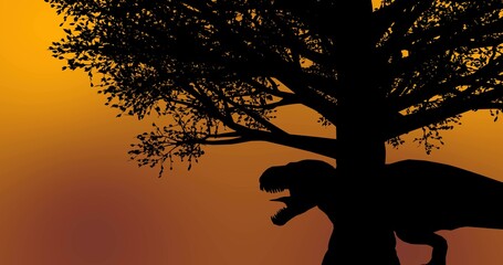 Black dinosaur roaring under a dark tree during sunset sunrise time
