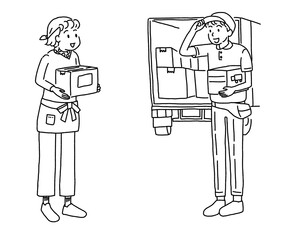 通信販売で商品を発送する女性と集配のトラック配達員