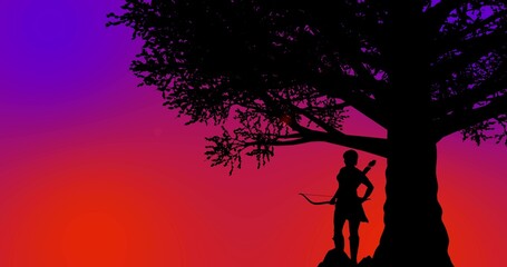 Fototapeta na wymiar Beautiful warrior girl standing under a tree during sunset time orange-purple background