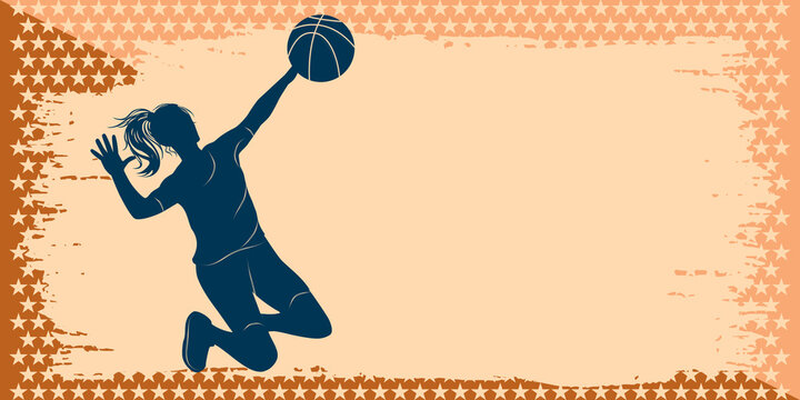 Basketball player in a jump with a ball - abstract, grunge style background - vector. Sport. Banner.