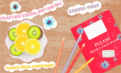 Illustration with school notebooks, pencils, stickers and fruits. Coronavirus banner. Top view