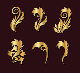 Gold decorative leaves elements set design of Ornament and best quality product theme Vector illustration