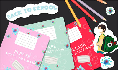 Back to school illustration with school notebooks, pencils, stickers. Coronavirus banner. Top view