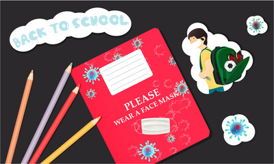 Back to school illustration with school notebook, pencils, stickers. Coronavirus banner. Top view
