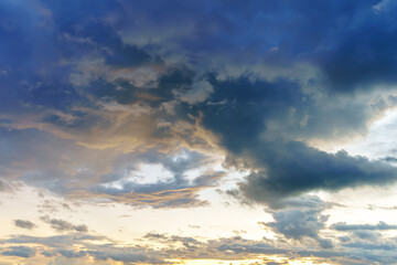 blue bright dramatic sunset sky in countryside or beach colorful cloudscape texture air background.