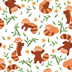 Fototapeta premium Seamless pattern with red pandas and bamboo on a white background. Vector graphics.
