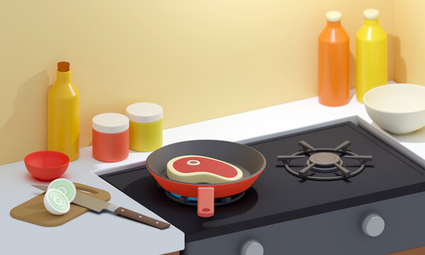 cooking steak in a pan cartoon style 3D computer graphic illustration 