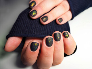 black short nails with sequins and matte effect . black gel polish