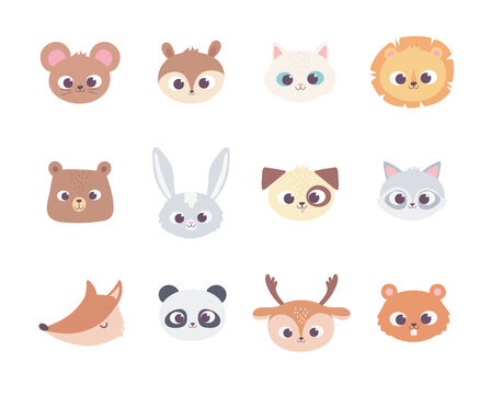cute cartoon animals faces wild domestic pet collection icons
