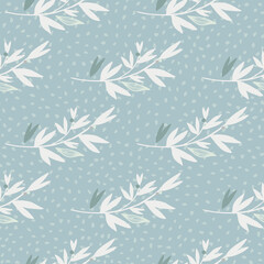 Winter seamless floral pattern with white branches. Light blue background with dots.