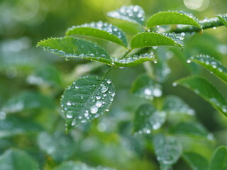 Traumhaft romantische Aufnahme von Regentropfen auf einer Pflanze nach einem Regenschauer