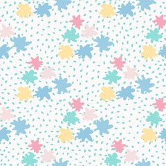 Obraz na płótnie Canvas Childish seamless pattern with star shapes. White background with dots and blue, yellow, pink elements.