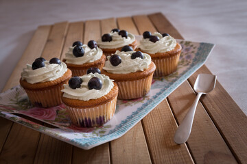 Homemade blueberry cup cake decorated with white cream and three blueberries lactose-free dessert, on natural wood
