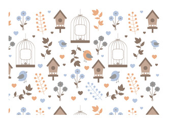 Bird, cage, flower and leaves vector illustration for wallpaper industry