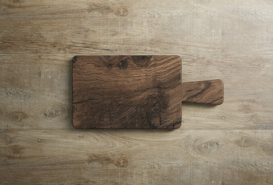 rustic wooden cutting board on table top as template -  3D Illustration