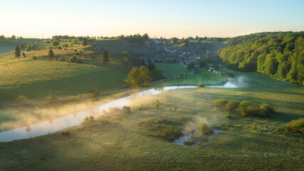 Eselsburger Tag in the morning at sunrise in heidenheim with river Brenz and fog