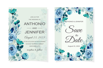 wedding invitation card with blue flower watercolor