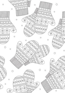 Seamless pattern or coloring page with mittens as a concept for Christmas, winter, cold, outline vector stock illustration for printing on wrapping paper
