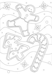 Gingerbread cookie coloring page as a concept of Christmas, winter, cold, outline vector stock illustration with ginger man, Christmas tree, candy