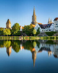 View from neu-ulm to ulm with river danube and ulmer minster in the morning at sunrise beautiful...