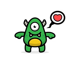 cartoon cute green monster with speech bubble love