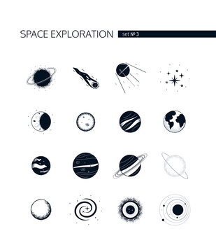 Space exploration - modern vector set of black icons