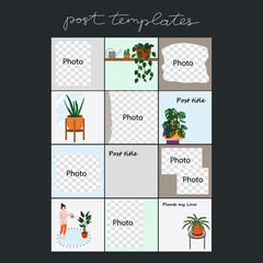Trendy editable design backgrounds for social media banner. Set of post frame templates. Mockup for home plant shop or personal blog. Vector