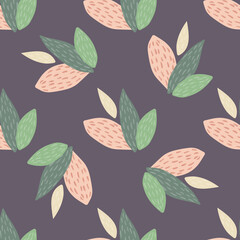 Leaves ornament seamless floral pattern. Botanic elements in pink and green color on purple background.