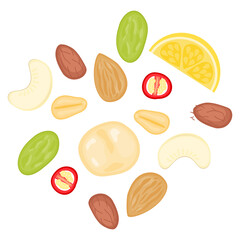 flat lay food illustration of mix nuts with lemon and red chili sliced. almond, cashew nut, peanut, pistachio, macadamia.