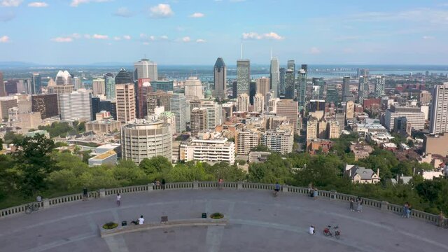 Aerial shot of the beautiful belvedere view showing the cityscape of downtown Montreal