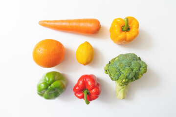 Various vegetables and fruits isolated on white background. top view. Concept of healthy