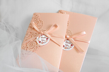 The apricot peach color invitation card, lover card or greeting card with butterfly tie