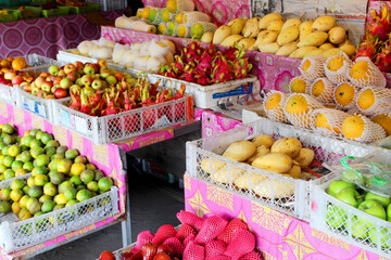 Colorful fruits in basket waiting for customers