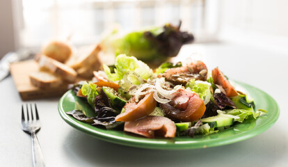 vegetable salad of greens, tomatoes and cucumbers on a green plate