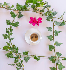 Composition with a white coffee cup in the center with espresso and ivy frame plus a red oleander...