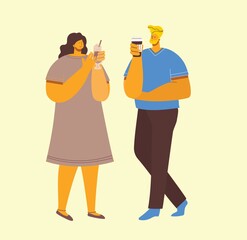 Smiling people friend drinking coffee and talking. Coffee time, break and relaxation vector concept cards. Vector illustration in flat design style