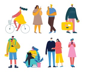 Vector illustration background in flat design of group people doing different activity