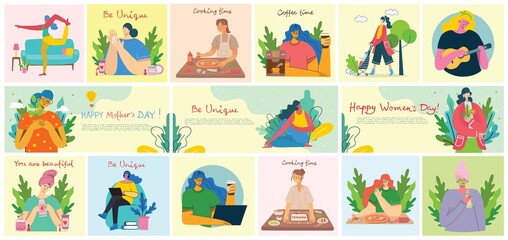 Women activities backgrounds. Women doing yoga, cooking, reading and working concept in the flat style