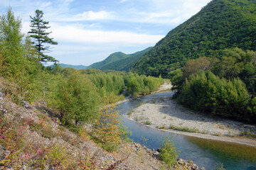 Fototapeta na wymiar River landscape. View at Avvakumovka river. Olginsky district, Sikhote-Alin mountain range, Primorsky Krai (Primorye), Far East, Russia.