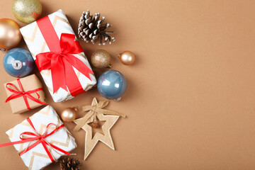 Set of beautifully wrapped gift boxes and Christmas decor . Christmas gifts. Holiday, give. Festive background
