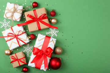 Set of beautifully wrapped gift boxes and Christmas decor . Christmas gifts. Holiday, give. Festive background
