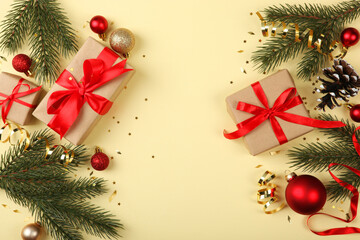 Set of beautifully wrapped gift boxes and Christmas decor . Christmas gifts. Holiday, give. Festive background
